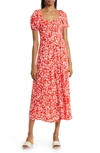 & Other Stories Floral Puff Sleeve Midi Dress In Red Floral Print