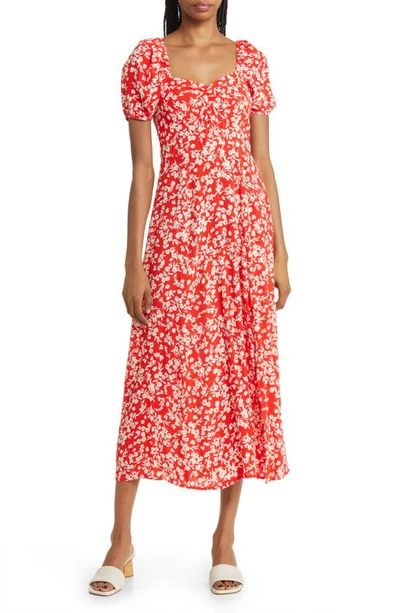 & Other Stories Floral Puff Sleeve Midi Dress In Red Floral Print