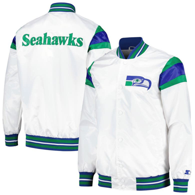 Starter Men's  White, Royal Distressed Seattle Seahawks Vintage-like Satin Full-snap Varsity Jacket In White,royal