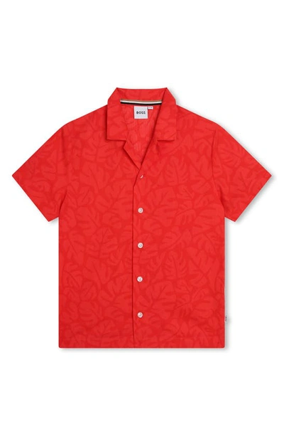 Bosswear Boss Kidswear Kids' Leaf Print Short Sleeve Cotton Button-up Shirt In Bright Red