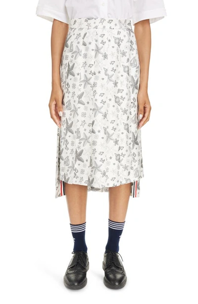 Thom Browne Nautical Crystal Print Drop Back Pleated Silk Skirt In White