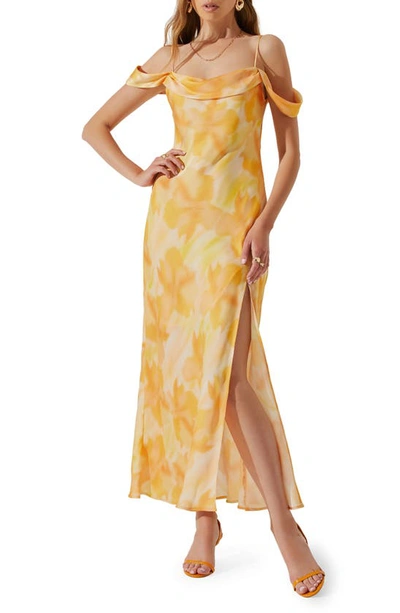 Astr Kitura Abstact Print Cold Shoulder Dress In Orange Yellow Print