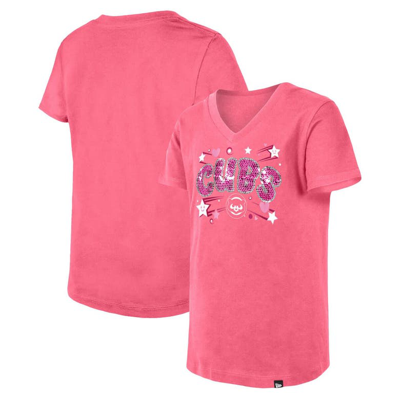 New Era Kids' Girls Youth  Pink Chicago Cubs Sequin V-neck T-shirt