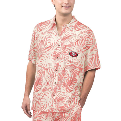 Margaritaville Tan San Francisco 49ers Sand Washed Monstera Print Party Button-up Shirt