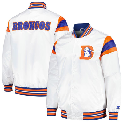 Starter Men's  White, Royal Distressed Denver Broncos Vintage-like Satin Full-snap Varsity Jacket In White,royal