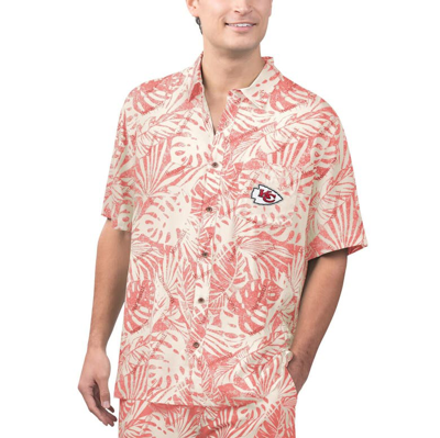 Margaritaville Tan Kansas City Chiefs Sand Washed Monstera Print Party Button-up Shirt In Cream