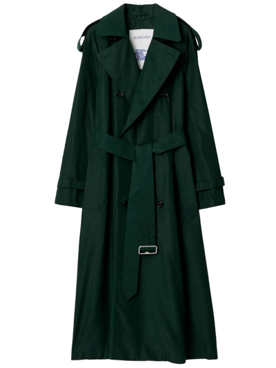 Burberry Long Silk Trench Coat In Green