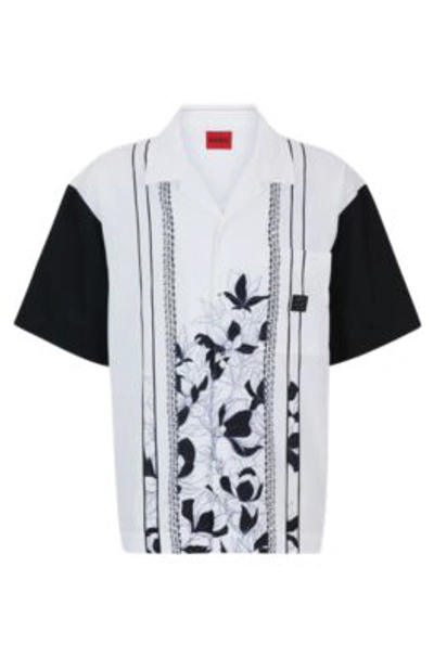 Hugo Boss Oversize-fit Cotton Shirt With Floral And Chain Print In White