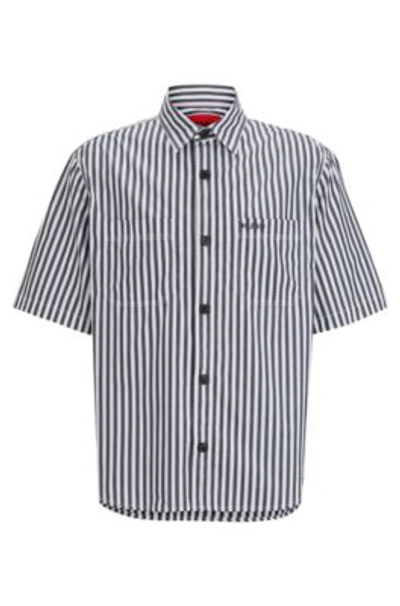 Hugo Oversize-fit Shirt In Striped Cotton Chambray In Dark Blue