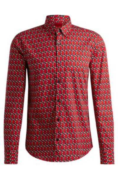 Hugo Slim-fit Shirt In Abstract-printed Cotton Poplin In Light Pink