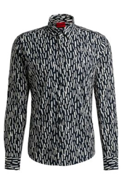 Hugo Slim-fit Shirt In Abstract-printed Cotton Poplin In Dark Blue