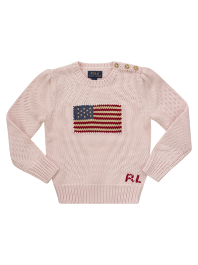 Polo Ralph Lauren Kids' Cotton Crew-neck Sweater With Flag In Pink