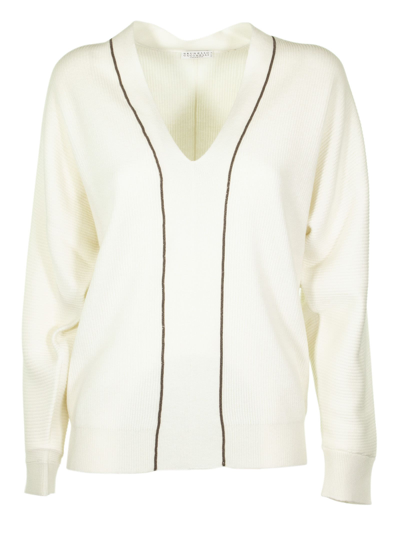 BRUNELLO CUCINELLI WHITE V-NECK SWEATER CASHMERE SWEATER WITH MONILI