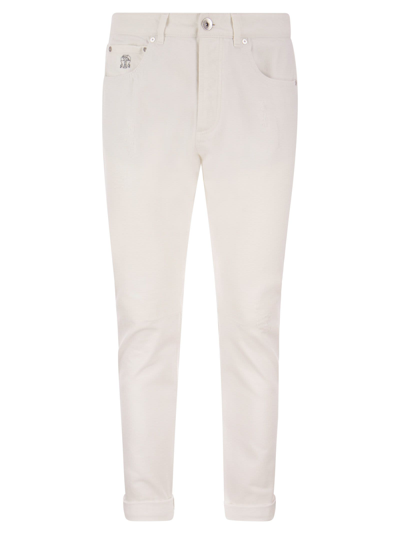 BRUNELLO CUCINELLI GARMENT-DYED TRADITIONAL FIT FIVE-POCKET TROUSERS IN SLUBBED COTTON DENIM