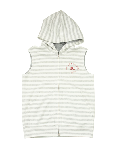Brunello Cucinelli Kids' Cotton And Linen Striped French Terry Sleeveless Sweatshirt With Hood And Print In Grey