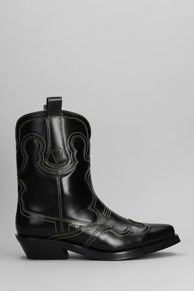 GANNI TEXAN ANKLE BOOTS IN BLACK LEATHER