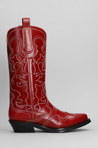 Ganni Red Mid Shaft Embroidered Western Boots