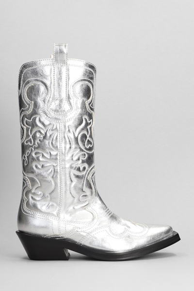 GANNI TEXAN BOOTS IN SILVER POLYESTER