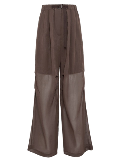 Brunello Cucinelli Ergonomic Loose Cotton Organza Trousers With Belt In Chocolate