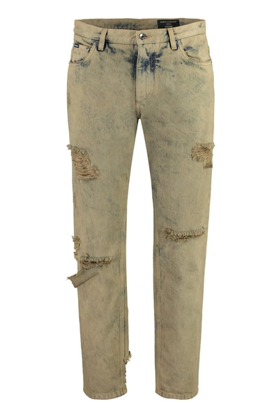 Dolce & Gabbana Loose Stretch Overdye Jeans With Rips In Beige