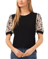 Cece Daisy Puff Sleeve Mix Media Top In Rich Black