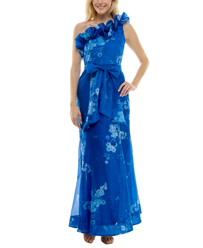 Taylor Women's Ruffled One-shoulder Organza Gown In Sapphire,blue