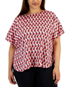 ANNE KLEIN PLUS SIZE PRINTED BATEAU-NECK SHORT-SLEEVE BLOUSE