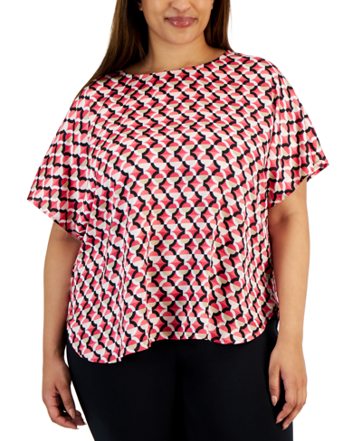 Anne Klein Plus Size Printed Bateau-neck Short-sleeve Blouse In Rich Camellia Multi