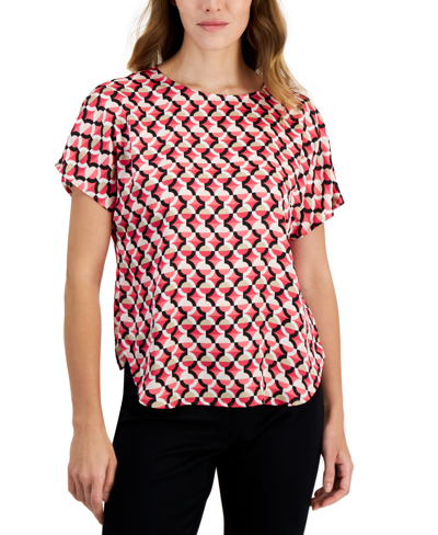 Anne Klein Women's Geometric-print Short-sleeve Top In Rich Camellia Multi