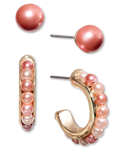 Charter Club Gold-tone 2-pc. Set Imitation Pearl Stud & Hoop Earrings, Created For Macy's In Multi
