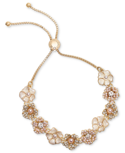 Charter Club Gold-tone Imitation Pearl & Crystal Flower Bolo Bracelet, Created For Macy's In White