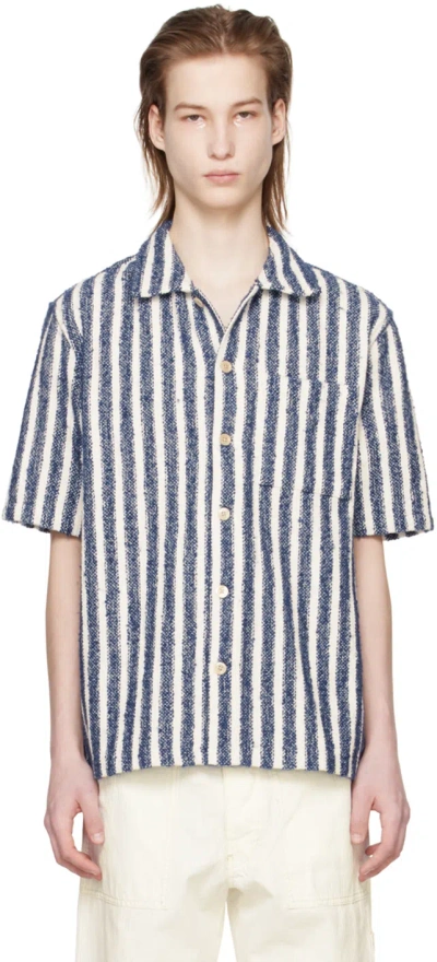 Sunflower Spacey Striped Linen-blend Short-sleeve Shirt In Blue