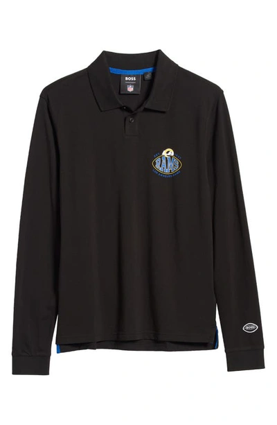 Hugo Boss Nfl Los Angeles Rams Cotton Printed Regular Fit Long Sleeve Polo Shirt In Black