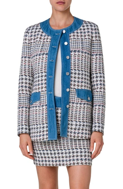 Akris Punto Denim-trim Houndstooth Jacquard Collarless Jacket In Denim-multicolor