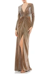 Mac Duggal Sparkle Twist Front Long Sleeve Gown In Bronze