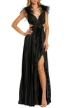 Mac Duggal Feather Detail Cutout Pleated Gown In Black
