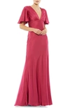 Mac Duggal Flounce Sleeve Satin Trumpet Gown In Raspberry