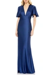 MAC DUGGAL FLOUNCE SLEEVE SATIN TRUMPET GOWN