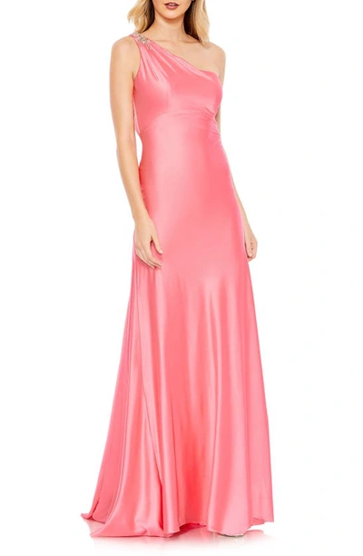 Mac Duggal Beaded Asymmetrical One Shoulder Column Gown In Pink