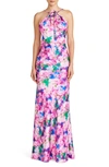 ML MONIQUE LHUILLIER VIOLETTE FLORAL HALTER NECK SATIN GOWN