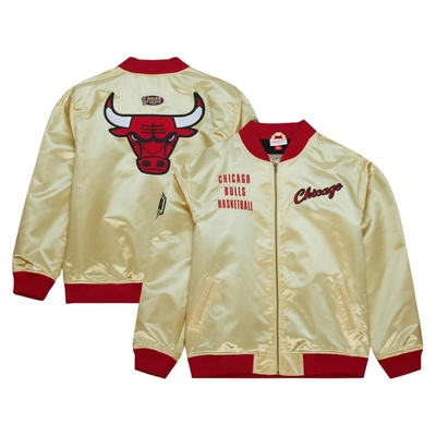 Mitchell & Ness Men's  Gold Distressed Chicago Bulls Team Og 2.0 Vintage-like Logo Satin Full-zip Jac