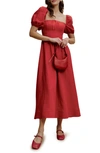 Reformation Marella Linen Puff Sleeve Midi Dress In Cherry