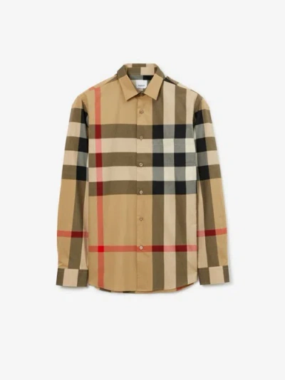 Burberry Check Motif Cotton Shirt In Neutrals