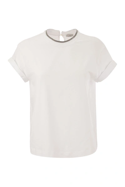 Brunello Cucinelli Stretch Cotton Jersey T-shirt With Precious Faux-layering In White