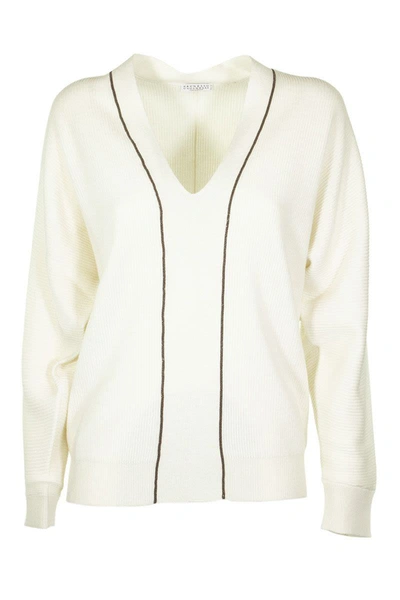 BRUNELLO CUCINELLI BRUNELLO CUCINELLI WHITE V-NECK SWEATER CASHMERE SWEATER WITH MONILI