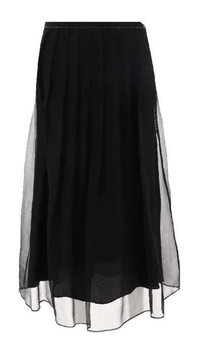 Brunello Cucinelli Crispy Silk Full Skirt With Precious Ribbon In Gray