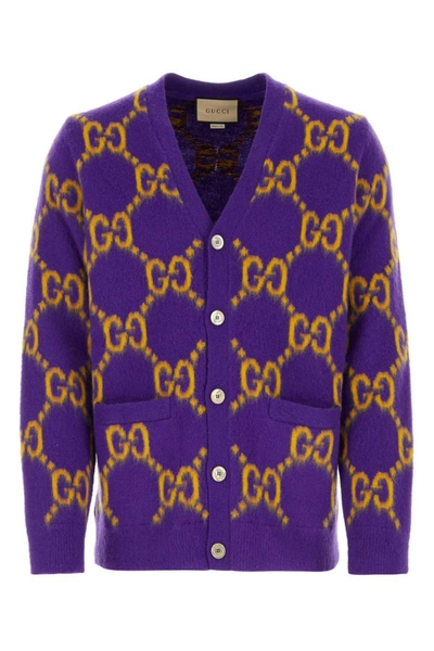 Gucci Gg-intarsia Wool Cardigan In Purple