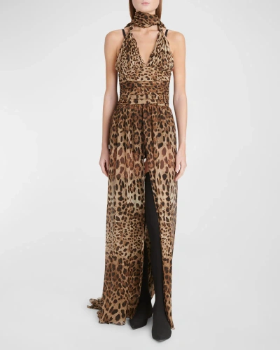 Dolce & Gabbana Leopard-print Halterneck Silk Gown In Hy13m Leo New