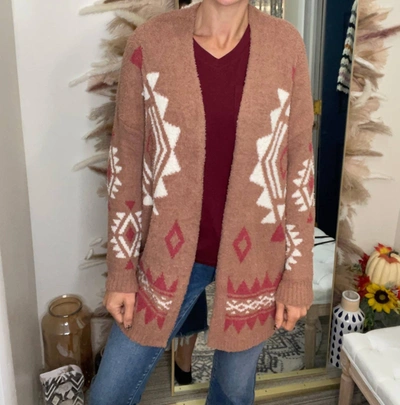 Bibi Aztec Pattern Comfy Open Long Sweater Cardigan In Tan In Red