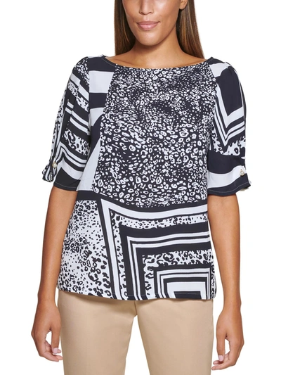Dkny Petites Womens Printed Embellished Blouse In White